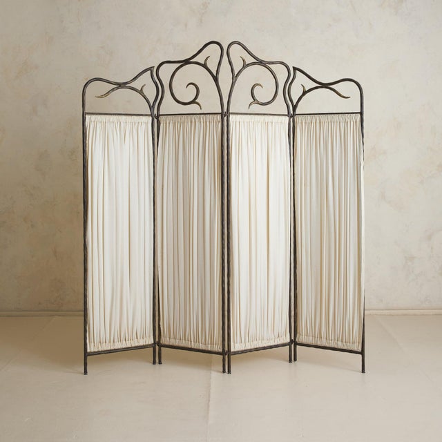 Vintage French Four-Panel Hammered Iron Folding Screen with Pleated Fabric For Sale In Chicago - Image 6 of 11