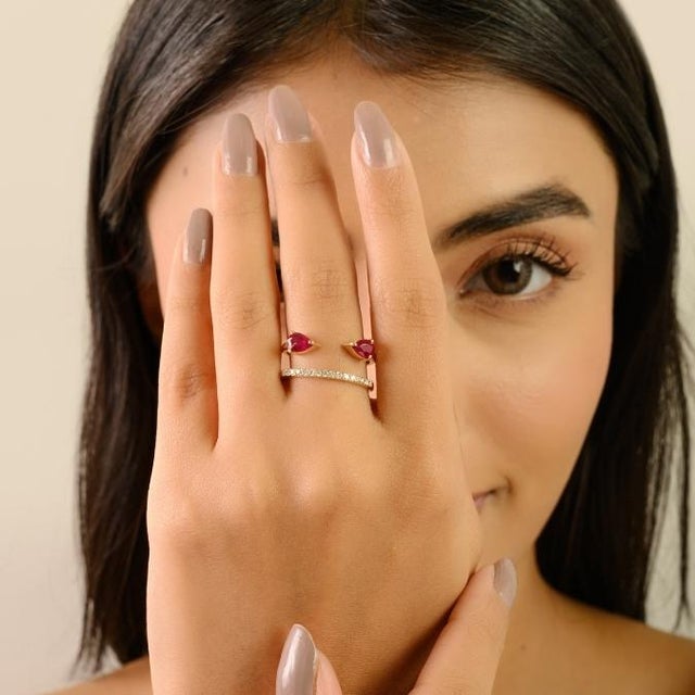 Ruby Red VRJewels Designer Open Ruby Split Band Ring With Diamonds in 14k Yellow Gold Size 5 For Sale - Image 8 of 17