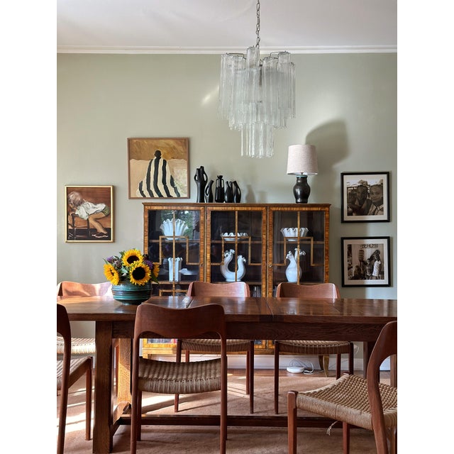 Pair of small statement murano chandeliers with tubular glass prisms. contemporary chandeliers in traditional italian mid-...