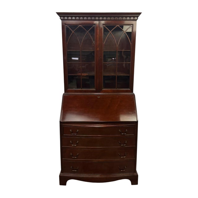 Vintage Traditional Chippendale Style Secretary Desk featuring High Quality Mahogany Construction, Two Upper Glass Pane...