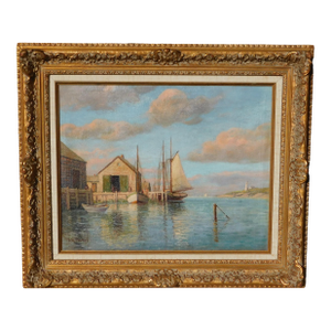 William Paskell Early California Artist , Harbor Scene Oil Painting