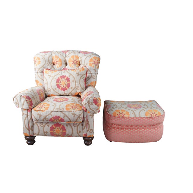 Modern Vintage Pearson Floral Tufted Club Lounge Library Armchair & Ottoman For Sale - Image 3 of 14