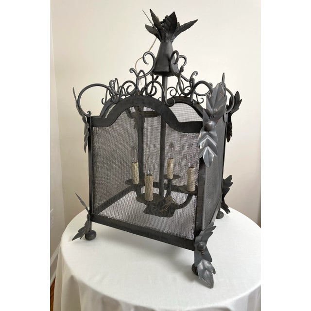 Gothic French Country Square Pewter Finish Metal Pendant Ceiling LIght For Sale - Image 3 of 12
