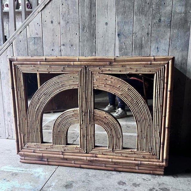 Vintage Italian Vivai Del Sud Bamboo cabinet with mirror and bamboo pattern Brass faux bamboo handles Inside there are 2...