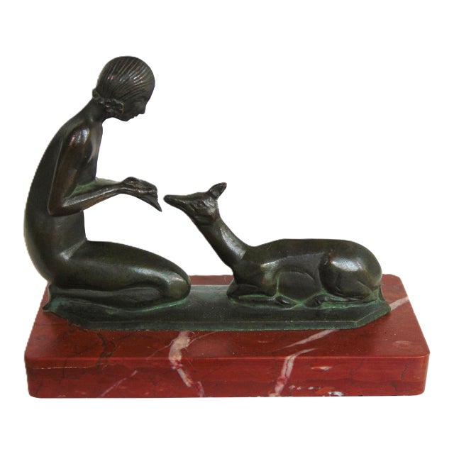 Antique Art Deco Bronze Sculpture "Woman Feeding Deer" on Red Marble Base 6.5"l X 5.5"h For Sale