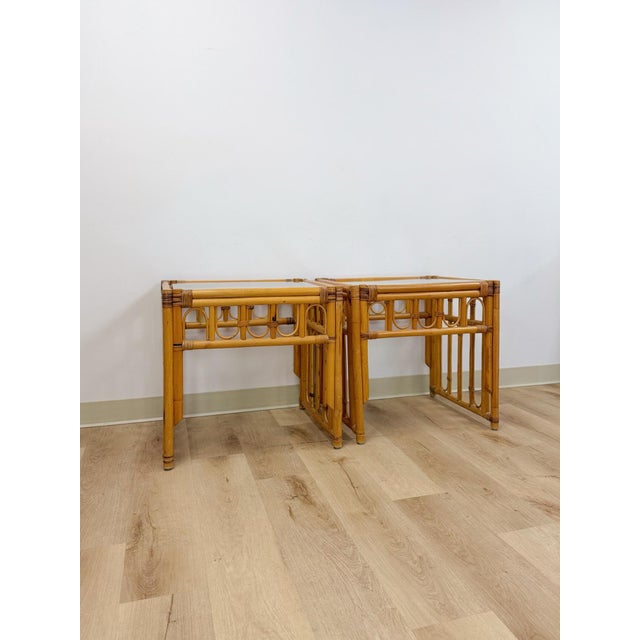 Mid 20th Century Vintage Rattan End Table Pair Arched Inlay Glass Top Coastal Boho MCM For Sale - Image 5 of 10
