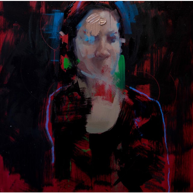 This oil on wood panel artwork presents a figure enveloped in a rich, dark background, evoking a sense of introspection...