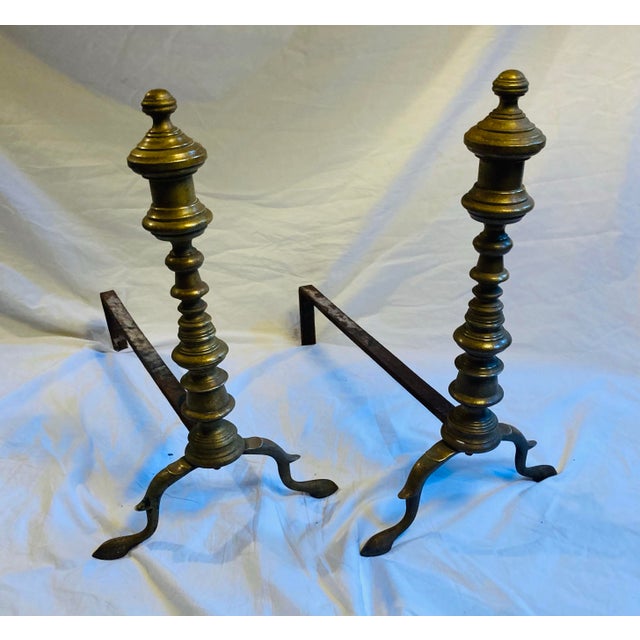 Antique Edwardian Turned Brass Andirons Cast Iron Stands For Sale - Image 4 of 7