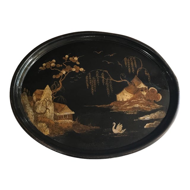 Antique Black Tole Chinoiserie Serving Tray For Sale