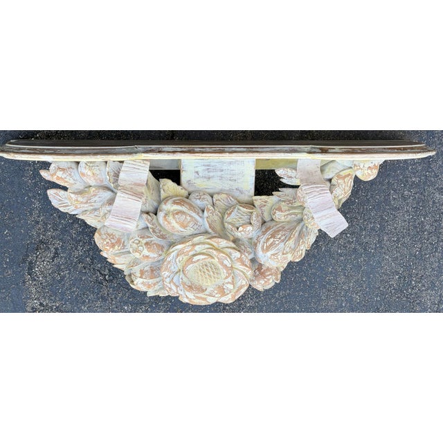 Cream Large Hand-Carved Distressed Wood Floral Wall Shelf Corbel Console French Country Style For Sale - Image 8 of 11