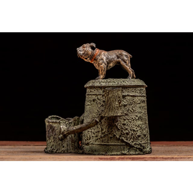 Early 20th-Century Cast Metal Bulldog Tree Stump Desk Humidor For Sale In Chicago - Image 6 of 9