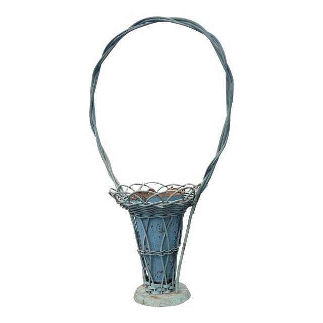 Antique Victorian Floral Wicker Basket For Sale