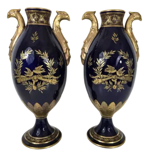 Empire Cobalt Blue and Gold Vases, Limoges, France, Set of 2