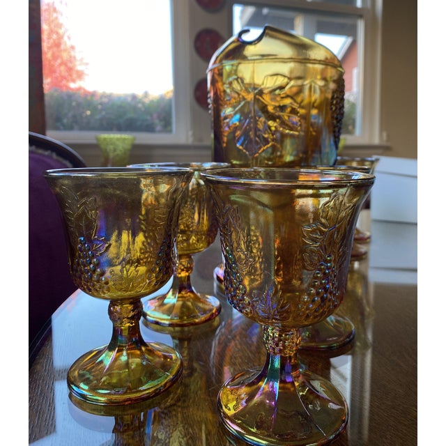 Glass Vintage Indiana Glass Harvest Grape Marigold Iridescent Pitcher and 8 Goblets - 9 pcs For Sale - Image 7 of 8