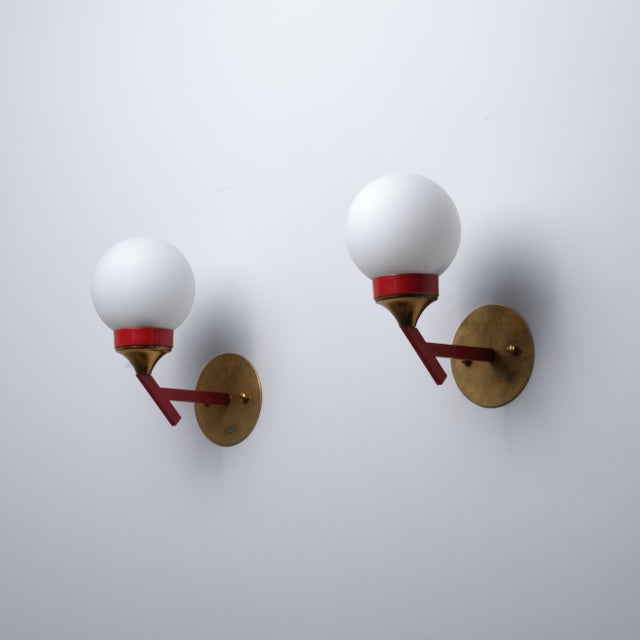 Italian Brass, Red Metal and Opaline Glass Globe Sconces, 1950s, Set of 2 For Sale - Image 10 of 10