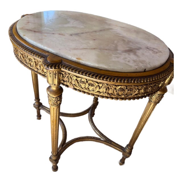 French Louis XVI Style Giltwood Oval Gueridon With Onyx Marble Top, Late 19th Century For Sale