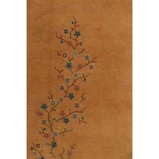 1920s Antique Chinese Art Deco Rug in Gold, Beige-Brown & Blue Floral Patterns For Sale In New York - Image 6 of 7