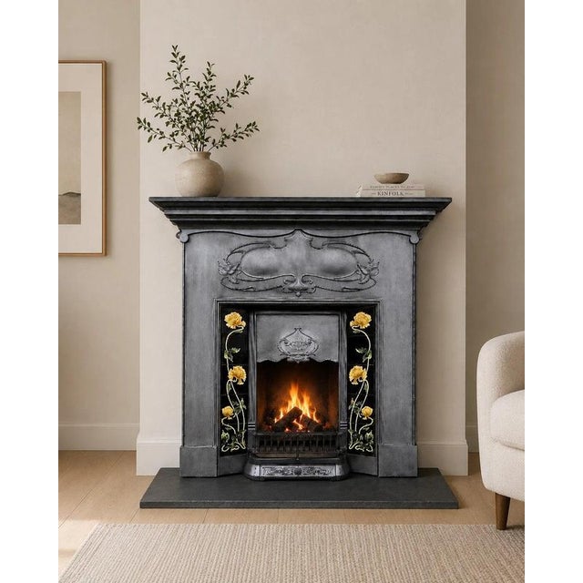 An impressive large and unusually tall antique Art Nouveau Edwardian cast iron combination fireplace, beautifully restored...