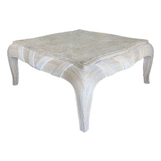 Gabriella Crespi Pencil Reed Rattan Coffee Table With Inset Tessellated Stone Top For Sale