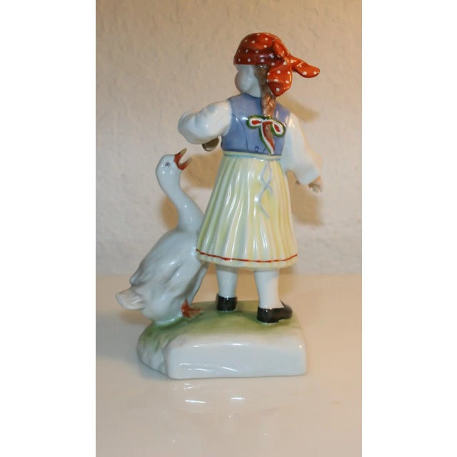1930s Vintage 1930s Herend Porcelain Figurine 5565 Girl Feeding a Goose Hand-Painted For Sale - Image 5 of 7