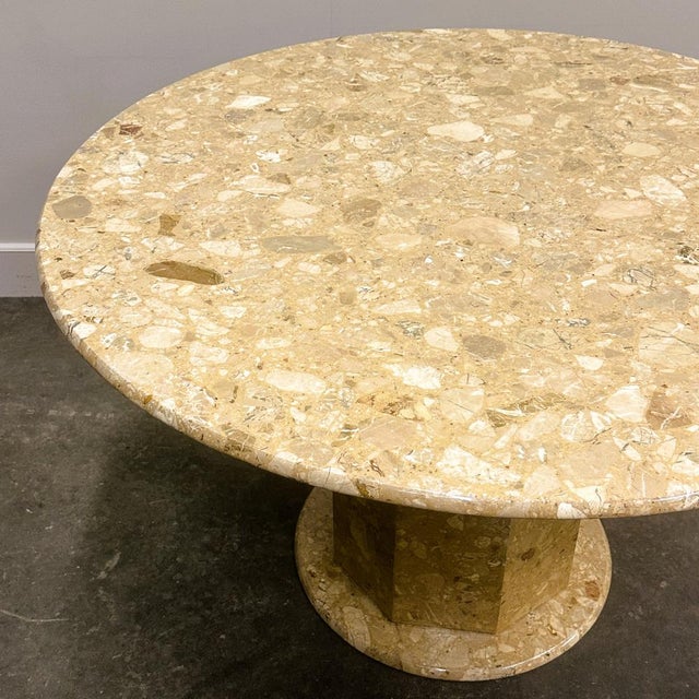 Round Breccia Marble Pedestal Table | 1980s Vintage Stone Dining Table | Postmod For Sale - Image 5 of 14