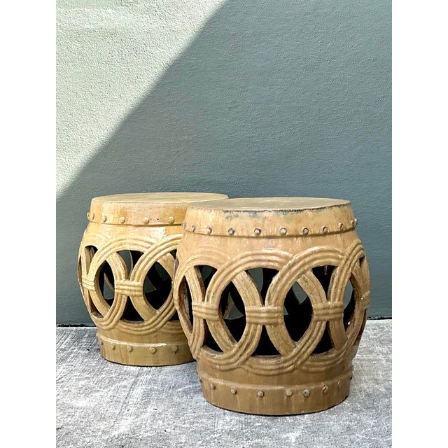 Mid-Century Modern Vintage Glazed Ceramic Rings Low Stools - A Pair For Sale - Image 3 of 12