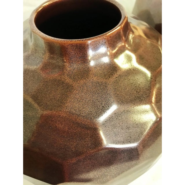 Ceramic Large Geometric Honeycomb Style Ceramic Vases With Copper Glaze- a Pair For Sale - Image 7 of 9