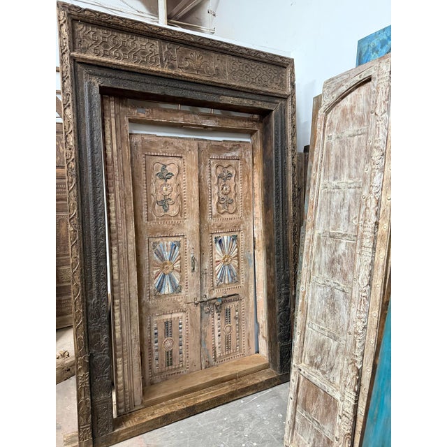 1920s Antique Indian Doorway Dark Teak Carved Wood Huge Floor Mirror Frame | Handcrafted Vintage Full-Length Statement Mirror Frame For Sale - Image 5 of 6