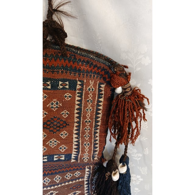 Antique Baluch Tribal Salt Bag With Cowrie Shell Tassels in Brown & Indigo For Sale - Image 17 of 18