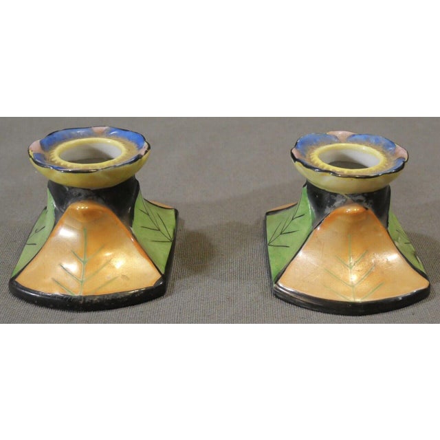 Up for sale is a Pair of 1930’s Japanese Art Deco Lustreware Porcelain Hand-Painted Leaf Motifs Candlesticks (Showa...