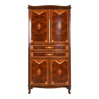 Jules Leleu Style French Continental Inlaid Burled Mahogany Armoire Dresser, Circa 1940s For Sale