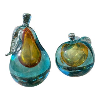 1950s Attributed to Alfredo Barbini Murano Sommerso Art Glass Apple and Pear Paperweight Bookends- a Pair For Sale