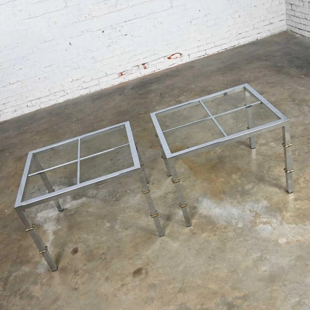 Maison Jansen Hollywood Regency Chrome & Glass Square End Tables Brass Details a Pair Style of Maison Jansen For Sale - Image 4 of 16