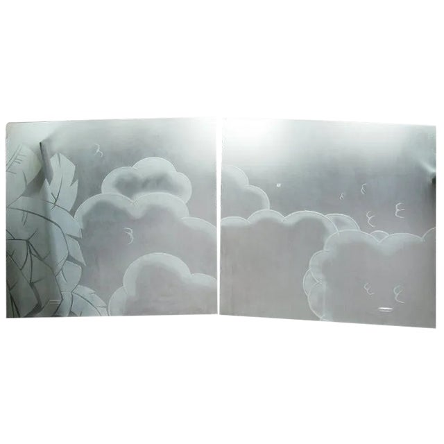 French Art Deco Architectural Etched Glass Cloud Panels - a Pair For Sale
