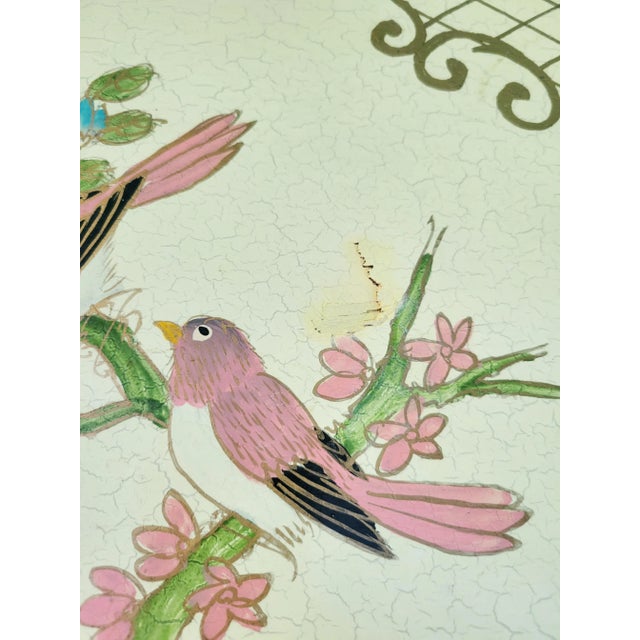 Rare Vintage Chinoiserie Pale Yellow Bird Floral Hand Painted Wood Clothes Hamper For Sale - Image 10 of 11