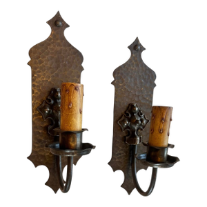 Pair Hammered Iron and Brass Single Candle Wall Sconces in Original Patina, Circa 1920