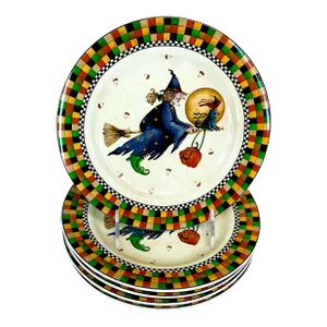 1990s Vintage Boho Chic Halloween Witch on a Broomstick Salad Plates - Set of 5
