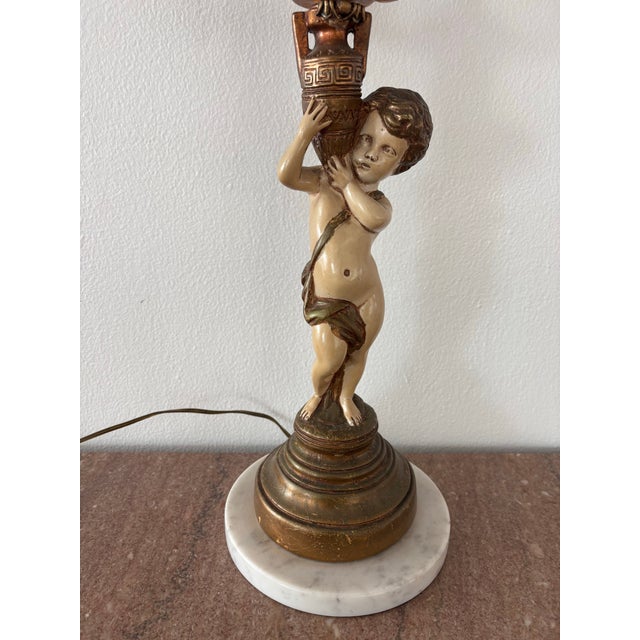 Bronze Antique Neoclassical Figural Candelabra Table Lamp, Featuring a Cherub or Putti Figurine Holding a Candelabra, on a Marble Base For Sale - Image 8 of 12