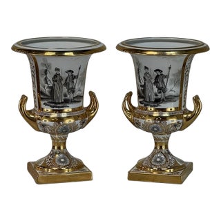 Pair Antique Ritzenhoff & Breker Neoclassical Porcelain Mantel Vases For Sale