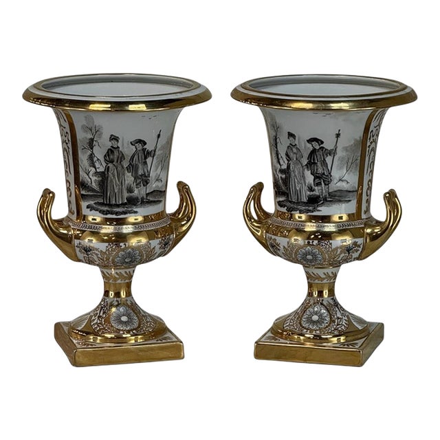 Pair Antique Ritzenhoff & Breker Neoclassical Porcelain Mantel Vases For Sale