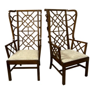 Theodore Alexander SoMa Chinese Chippendale Fretwork Wingback Chairs, a Pair For Sale