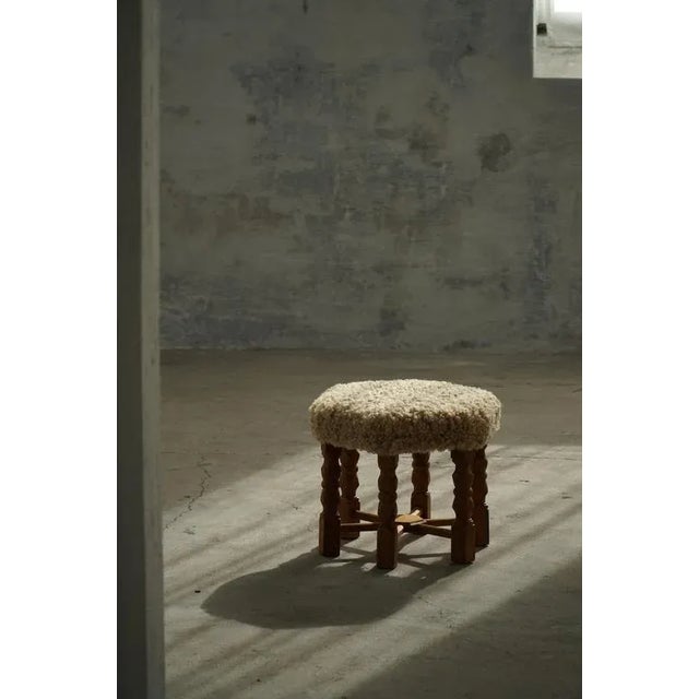 Mid-Century Modern Danish Hexagonal Oak Stool with Shearling Lambswool, 1950 For Sale - Image 6 of 11