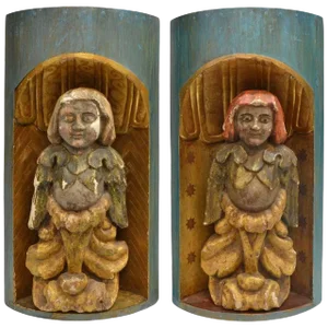 Continental Gilded and Polychromed Wood Figures in Niches, 19th Century - a Pair
