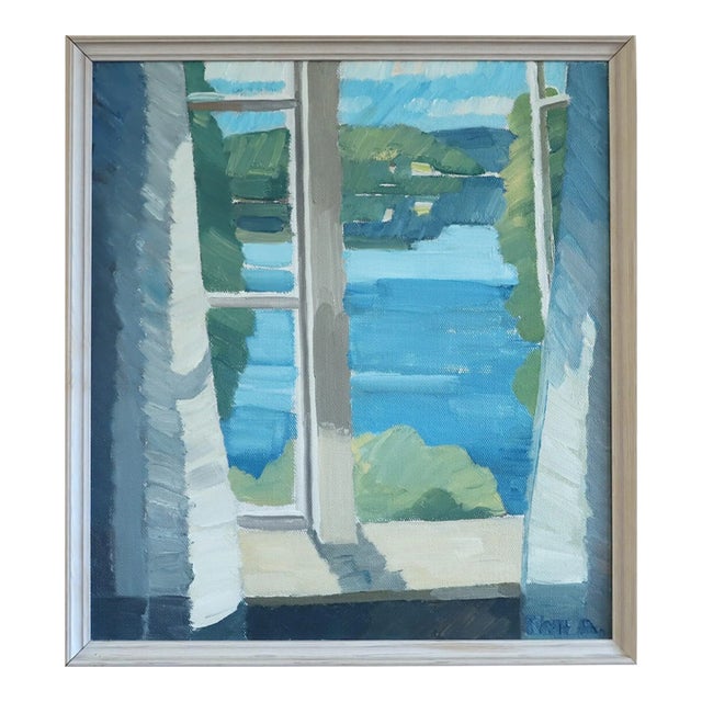 1988 Modernist 'View Across the Lake' Vintage Original Landscape Oil Painting, Framed For Sale