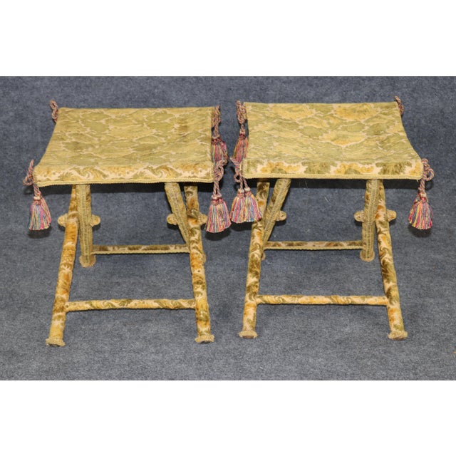 Pair English Folding X Benches in Damask Upholstery For Sale In Philadelphia - Image 6 of 9