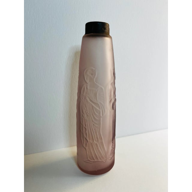 Marvelous estate sale find. Pale pink frosted glass Art Deco boudoir jar or shaker for powder with original metal top....