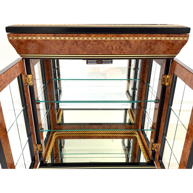 A Vintage Style Double Glass Mirrored Burl Curio Inlaid Marquetry Made in Italy For Sale - Image 9 of 11