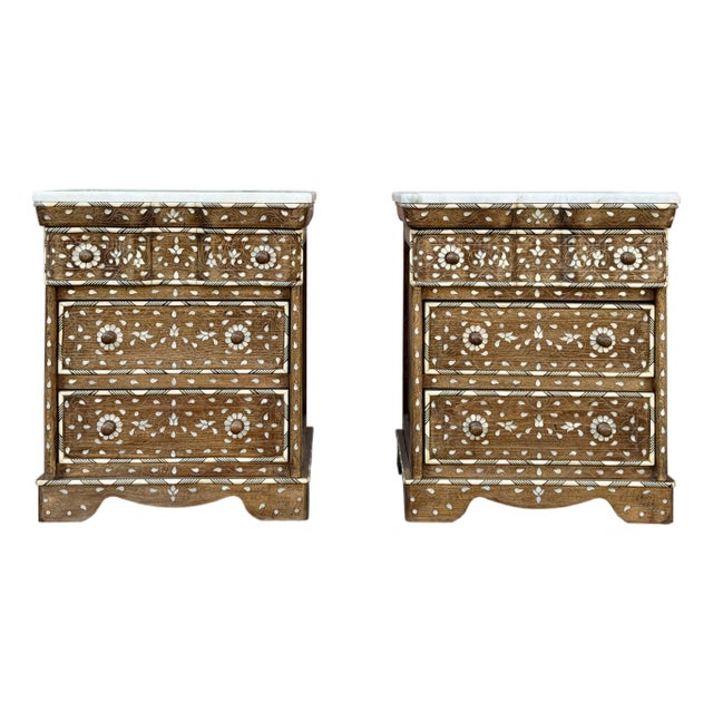 Pair of Mid 20th Century Mother of Pearl Inlaid Nightstands With Marble Top For Sale