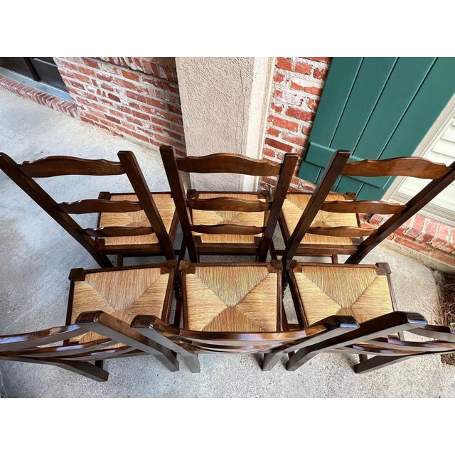 Vintage French Dining Chairs Set 6 Oak Barley Twist Rush Seat Ladder Back For Sale - Image 4 of 18
