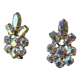 Mid 20th Century B.David Aurora Borealis Rhinestone Clip on Costume Earrings Vintage - Set of 2 For Sale